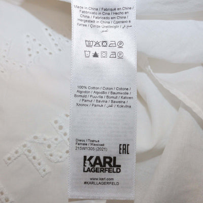 Karl Lagerfeld White Logo Embroidered Cotton Long Sleeve V Neck Midi Dress