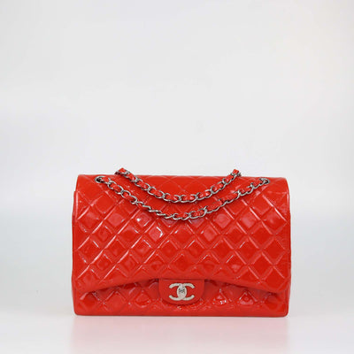 Chanel Coral Red Quilted Patent Leather Maxi Classic Double Flap Bag