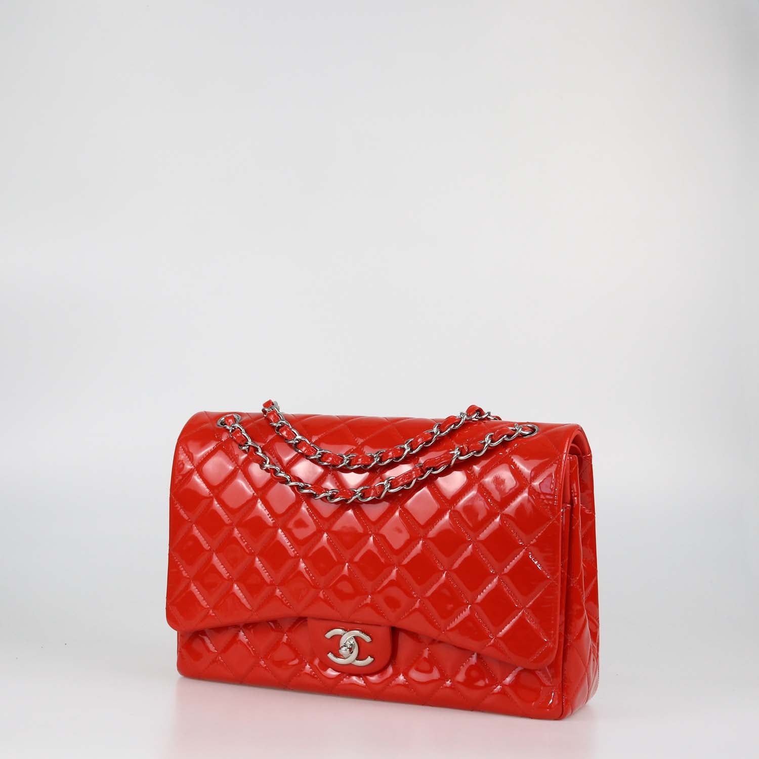 Chanel Coral Red Quilted Patent Leather Maxi Classic Double Flap Bag