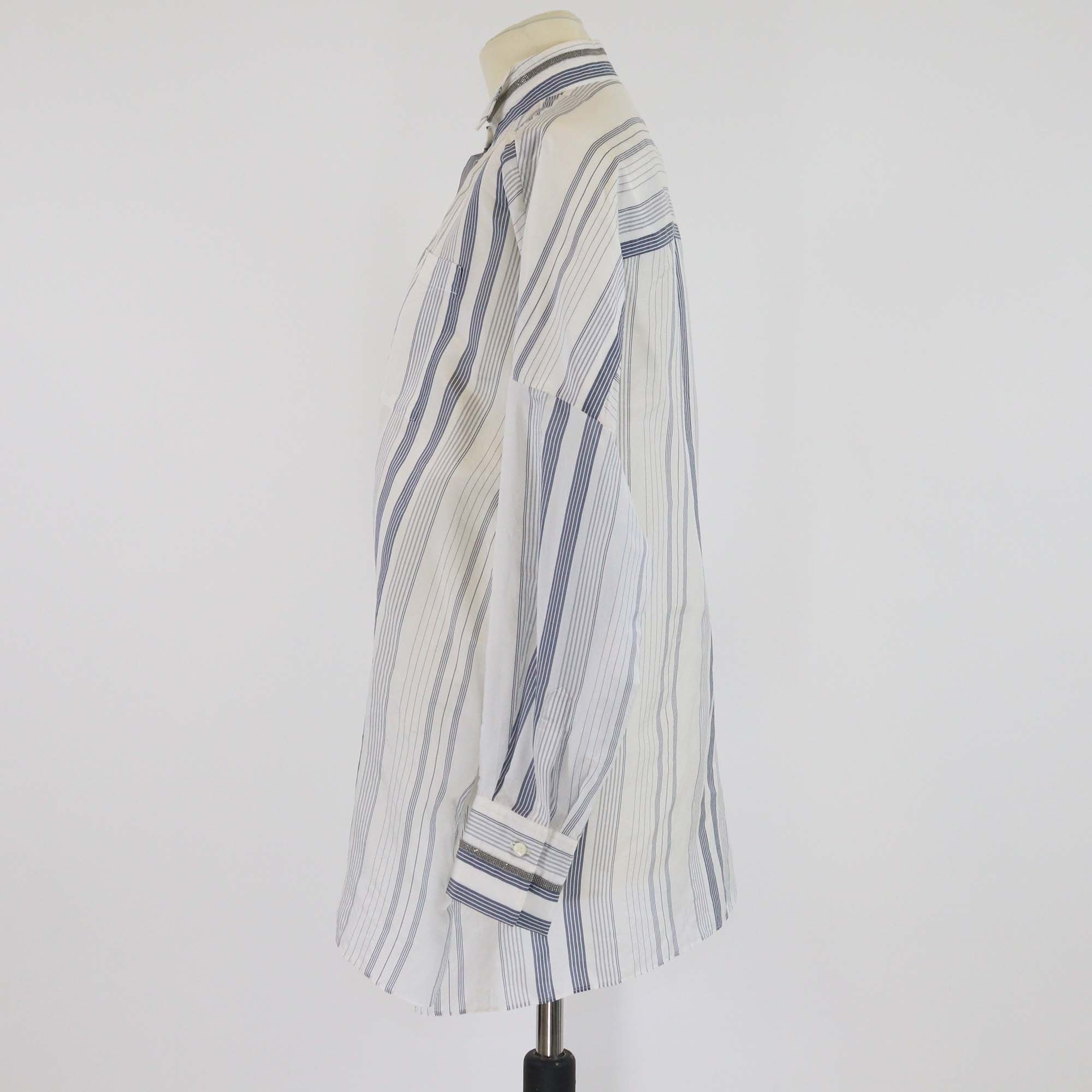 Brunello Cucinelli White/Blue Striped Silk Beaded Detail Long Sleeve Shirt