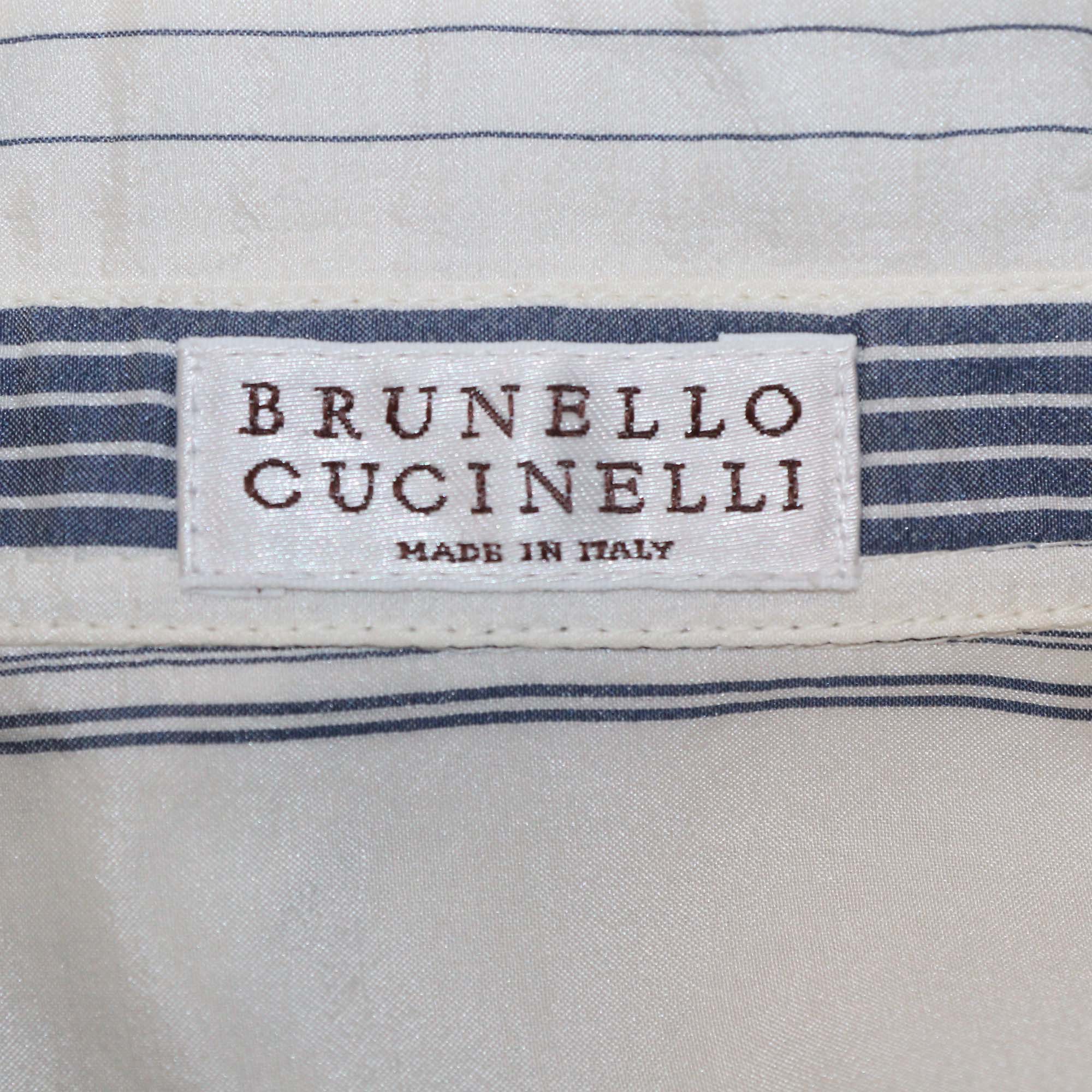 Brunello Cucinelli White/Blue Striped Silk Beaded Detail Long Sleeve Shirt