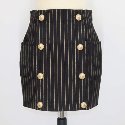 Balmain Black Cotton Striped Button Embellished Mini Skirt