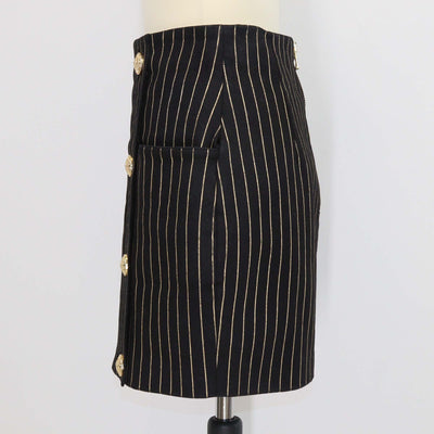 Balmain Black Cotton Striped Button Embellished Mini Skirt