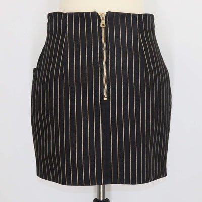 Balmain Black Cotton Striped Button Embellished Mini Skirt