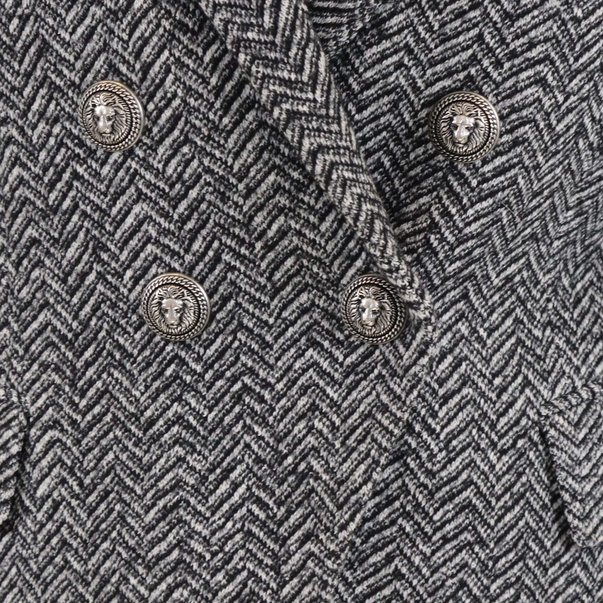 Balmain Black/White Herringbone Button Detail Double Breasted Blazer