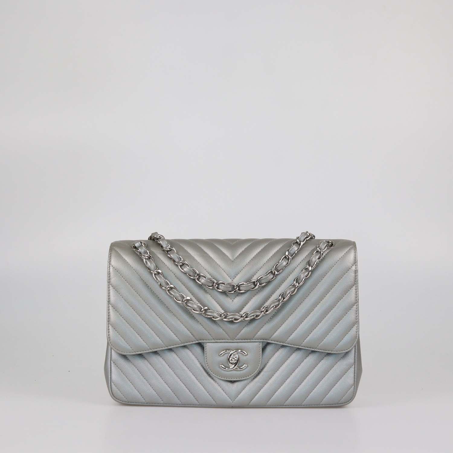 Chanel Metallic Grey Chevron Leather Jumbo Classic Double Flap Bag