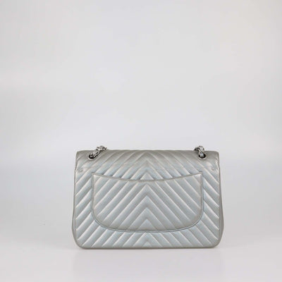 Chanel Metallic Grey Chevron Leather Jumbo Classic Double Flap Bag