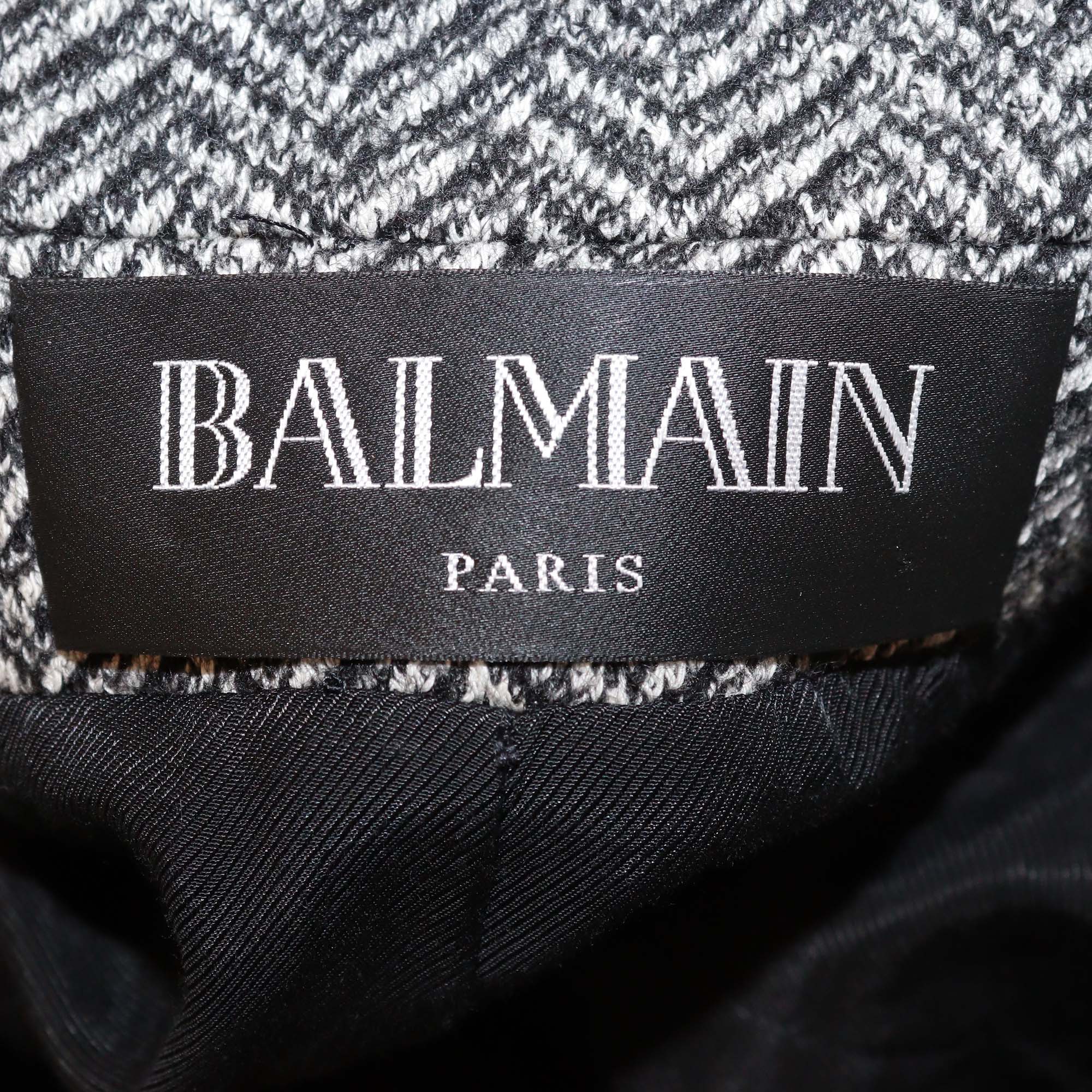 Balmain Black/White Herringbone Button Detail Double Breasted Blazer