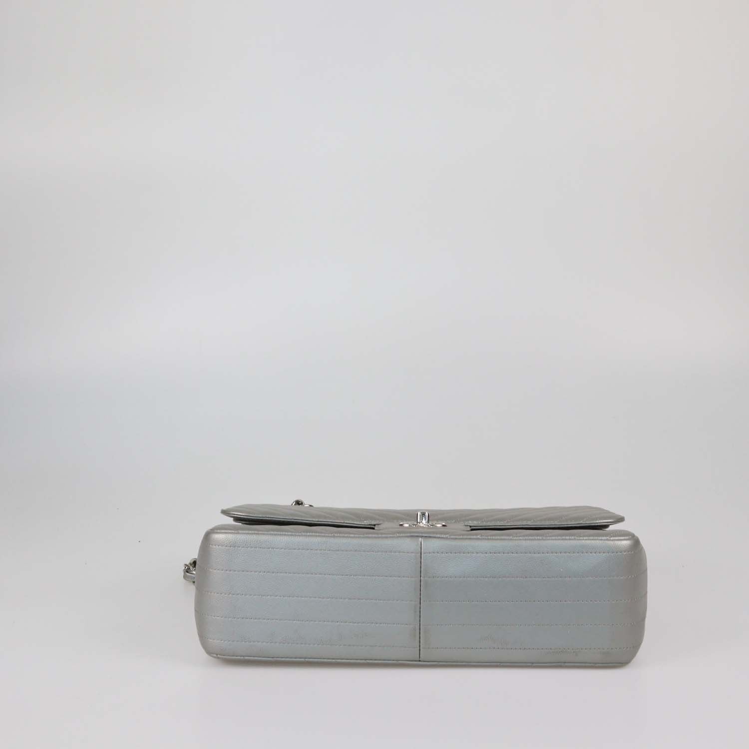 Chanel Metallic Grey Chevron Leather Jumbo Classic Double Flap Bag