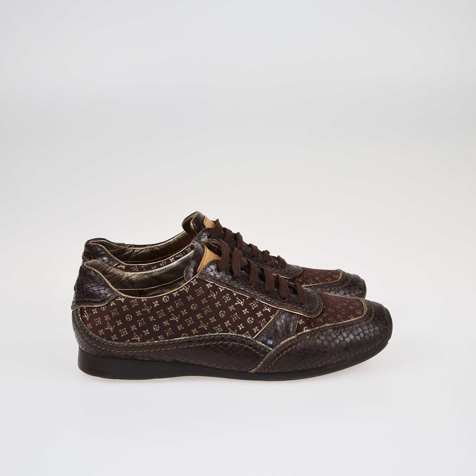 Louis Vuitton Brown/Gold Monogram Embossed Snake Low Top Sneakers Shoes Louis Vuitton 