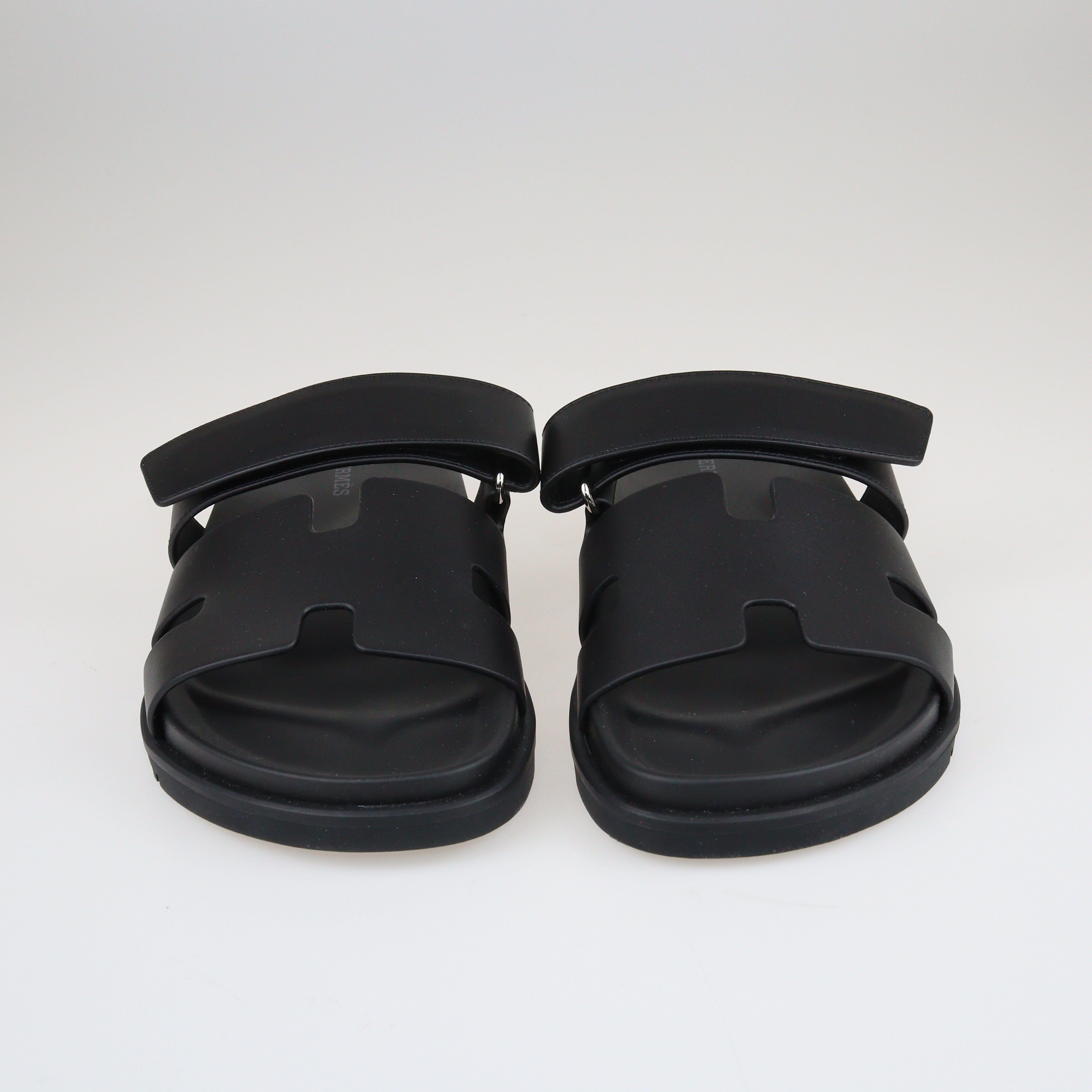 Black Chypre Velcro Flat Sandals Shoes Hermes 