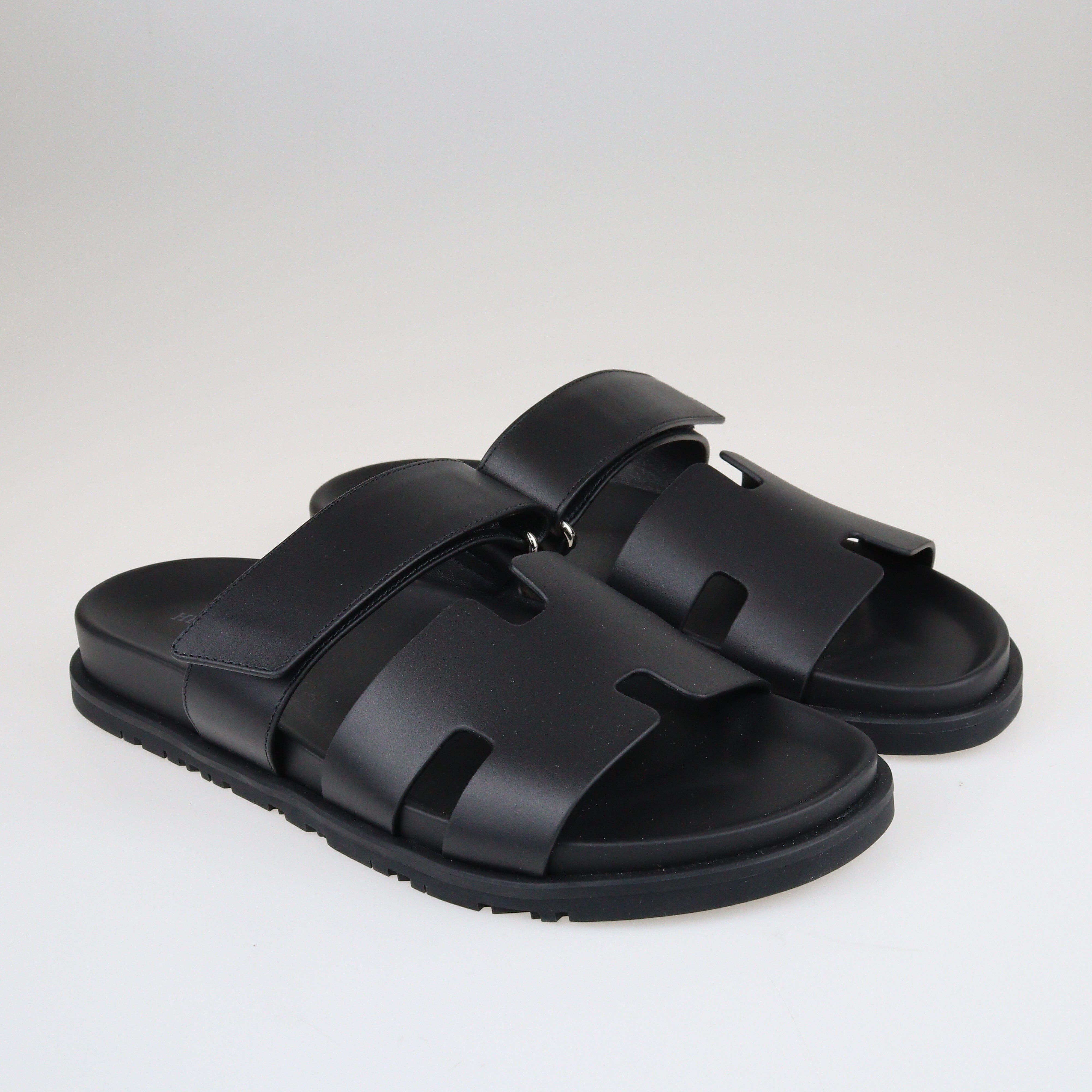 Black Chypre Velcro Flat Sandals Shoes Hermes 