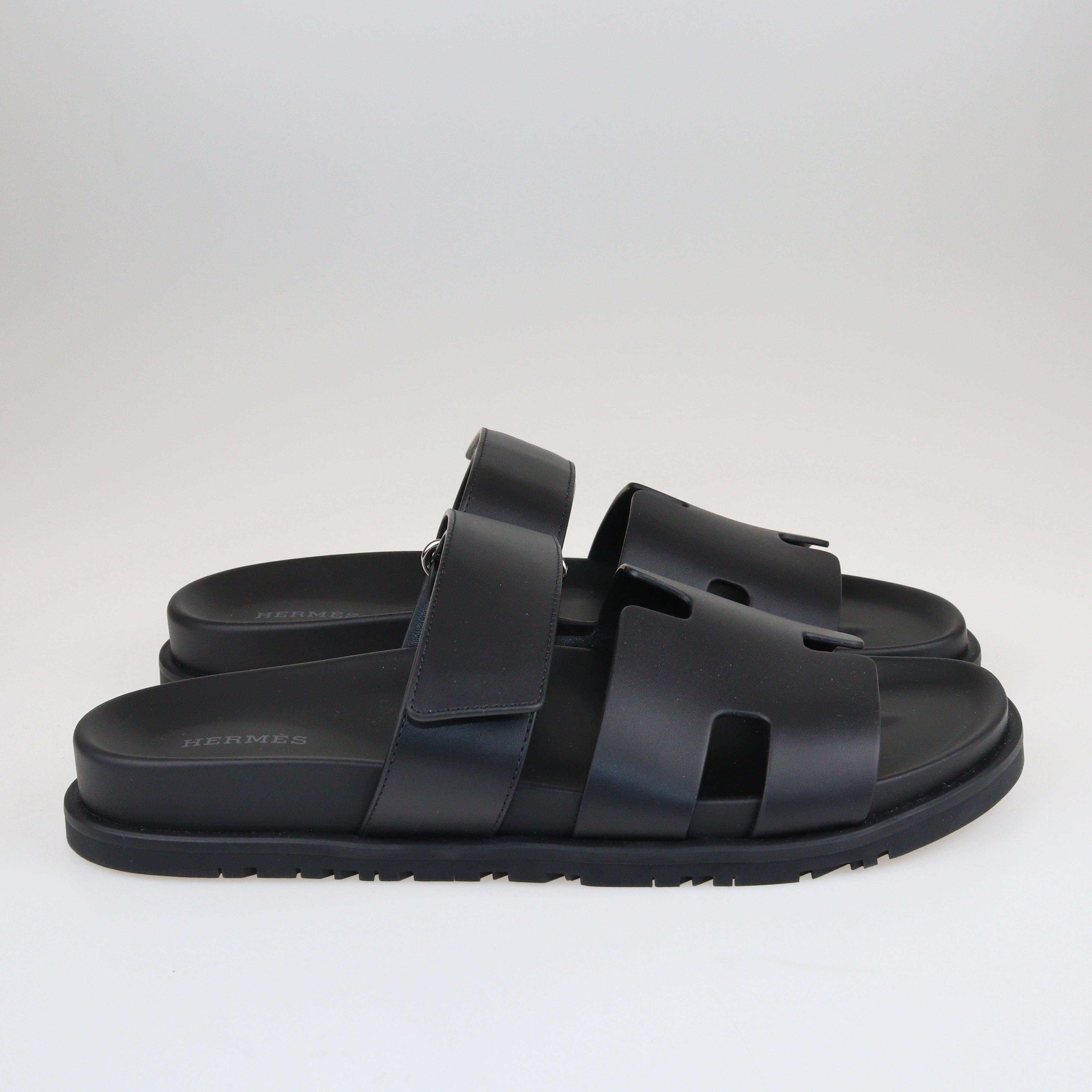 Black Chypre Velcro Flat Sandals Shoes Hermes 