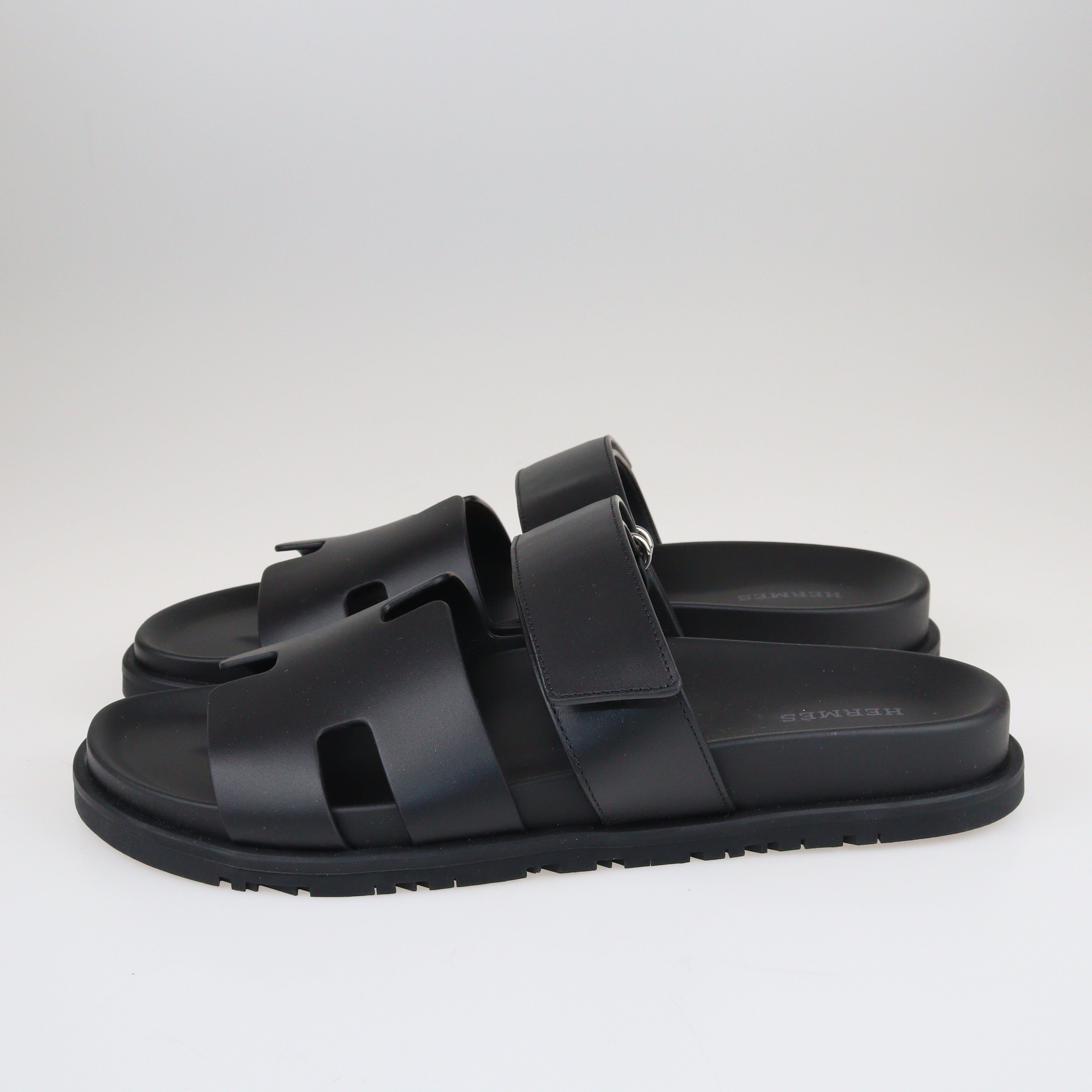 Black Chypre Velcro Flat Sandals Shoes Hermes 