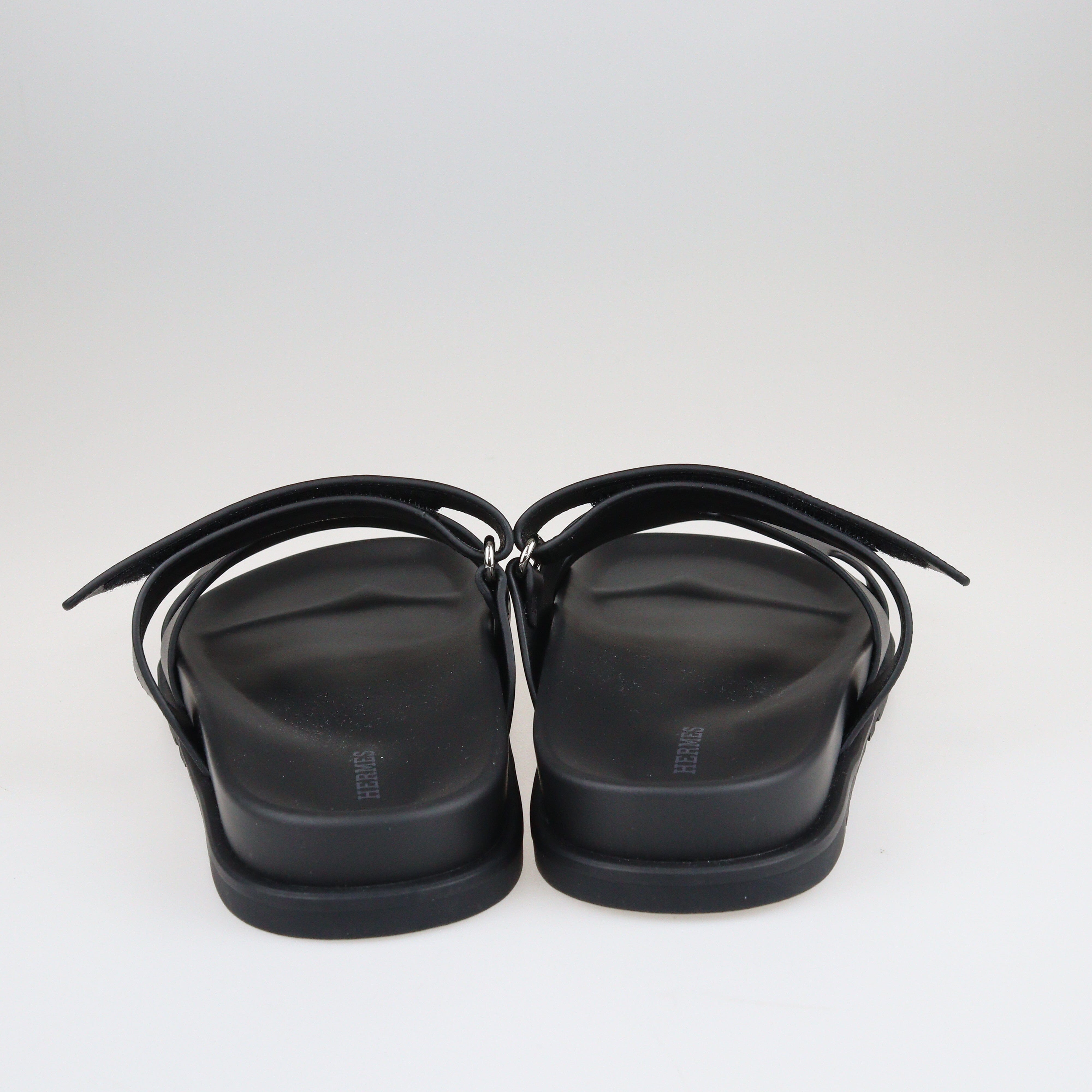 Black Chypre Velcro Flat Sandals Shoes Hermes 