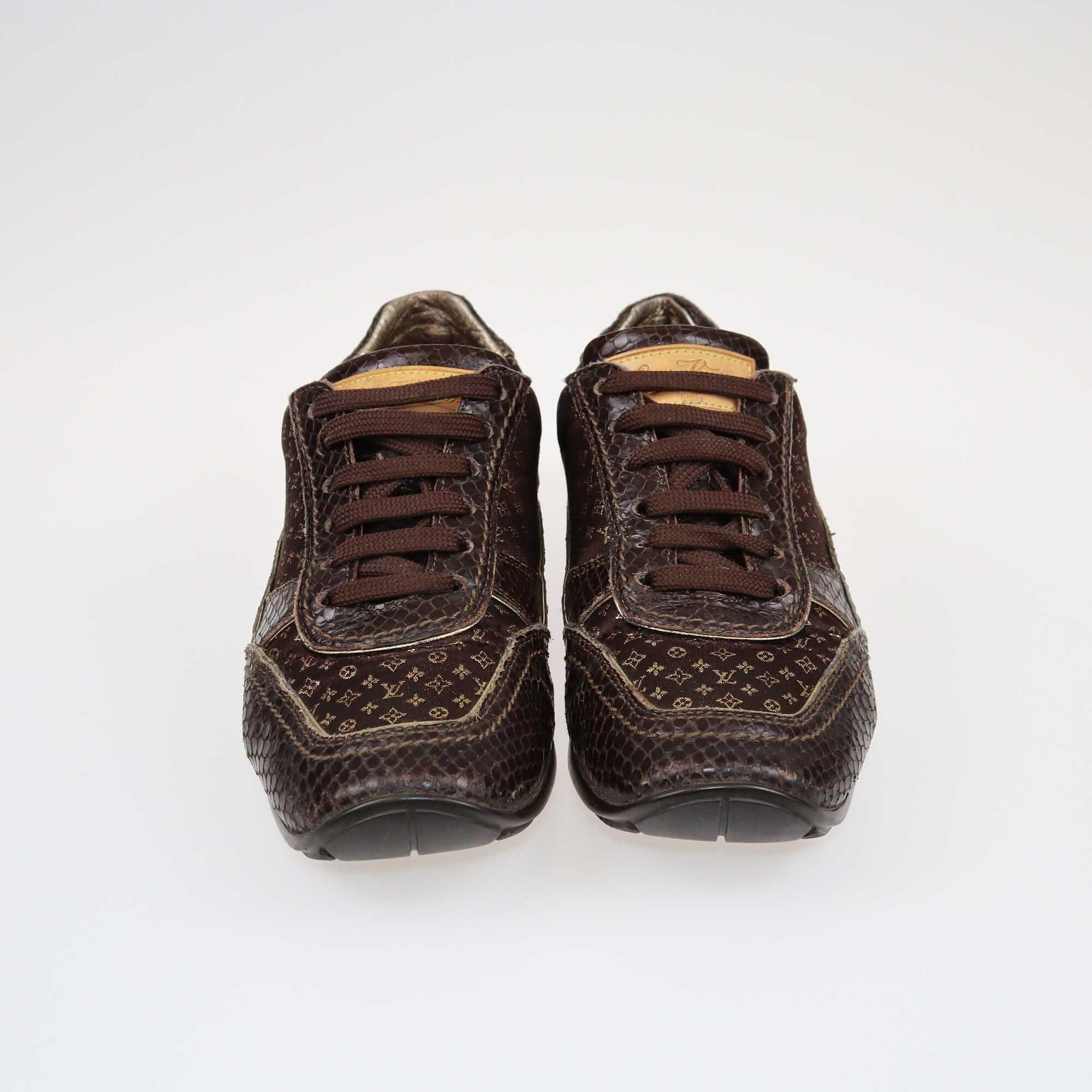 Louis Vuitton Brown/Gold Monogram Embossed Snake Low Top Sneakers Shoes Louis Vuitton 