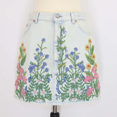 Gucci Blue Denim Floral Embroidered Mini Skirt