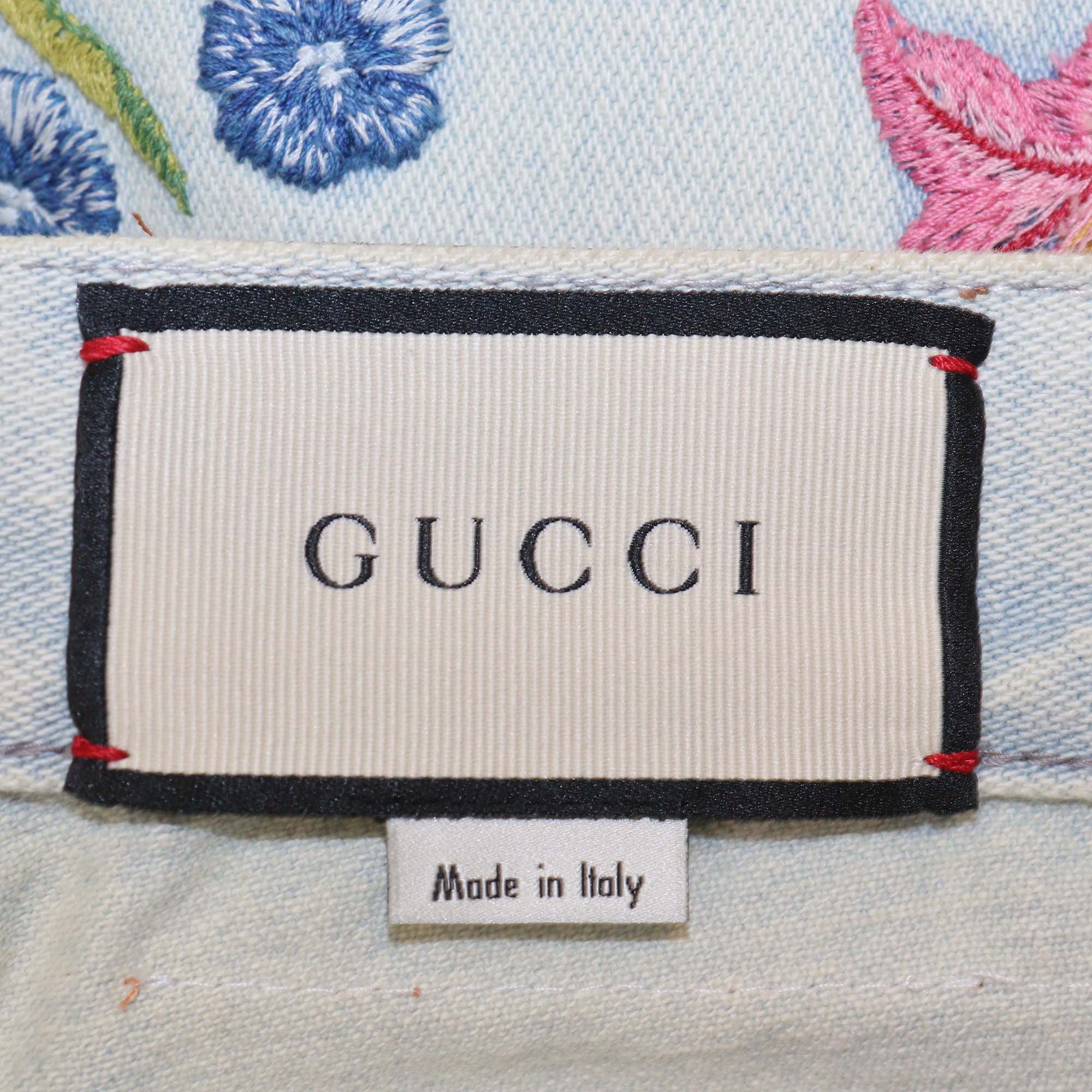 Gucci Blue Denim Floral Embroidered Mini Skirt