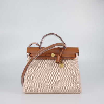 Hermes Ecru Beige/Naturel Sable Criss Viking Canvas and Vache Hunter Leather Herbag Zip 31 Bag