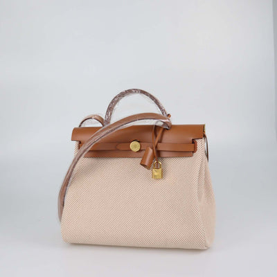 Hermes Ecru Beige/Naturel Sable Criss Viking Canvas and Vache Hunter Leather Herbag Zip 31 Bag