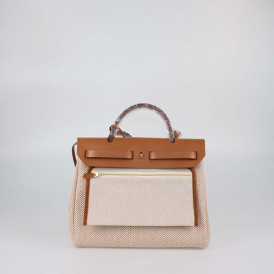 Hermes Ecru Beige/Naturel Sable Criss Viking Canvas and Vache Hunter Leather Herbag Zip 31 Bag