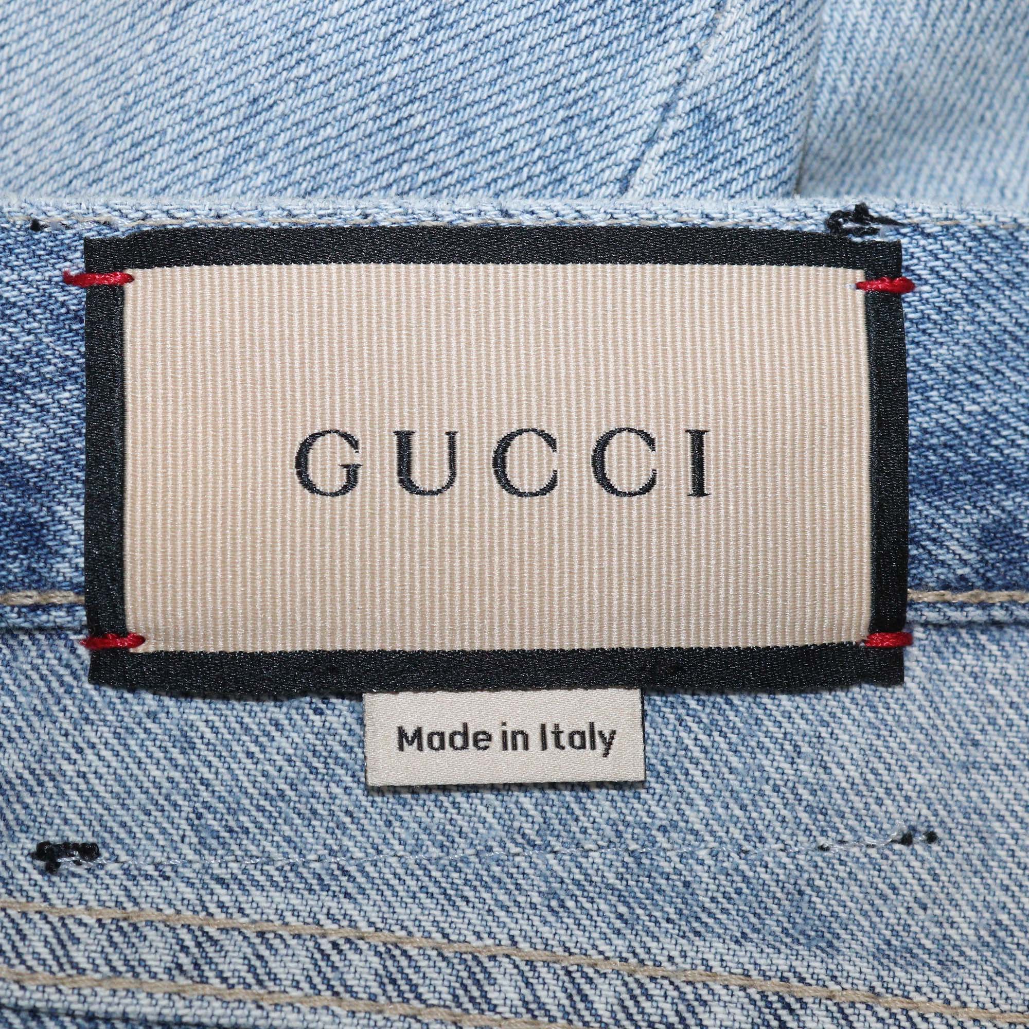 Gucci Blue Denim Distressed Cat Embroidered Shorts