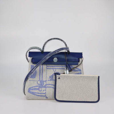 Hermes Bleu France/Ecru Canvas and Vache Hunter Leather Brides De Gala Herbag Zip 31 Bag