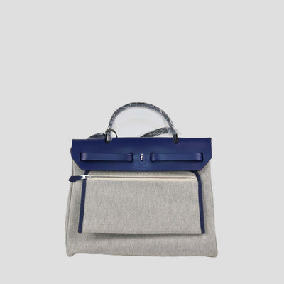 Hermes Bleu France/Ecru Canvas and Vache Hunter Leather Brides De Gala Herbag Zip 31 Bag