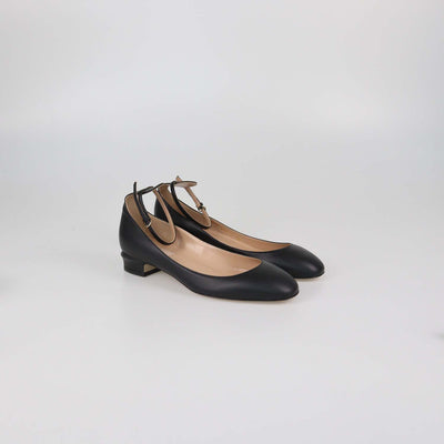 Valentino Black Leather Block Heel Tango Ballet Flats