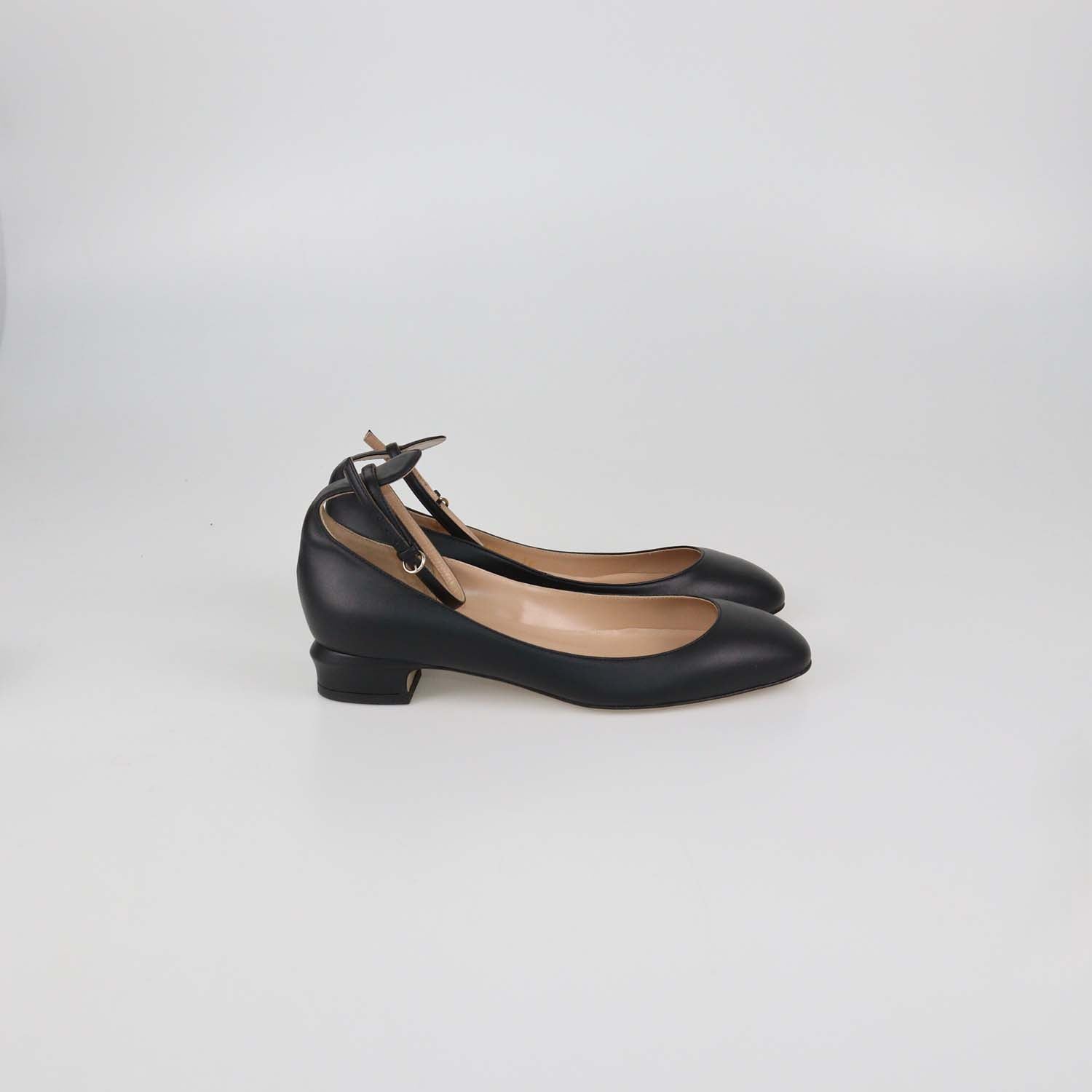 Valentino Black Leather Block Heel Tango Ballet Flats
