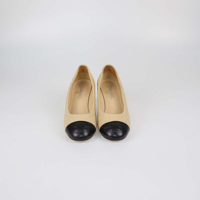 Chanel Beige/Black Quilted Leather CC Cap Toe Heel Pumps