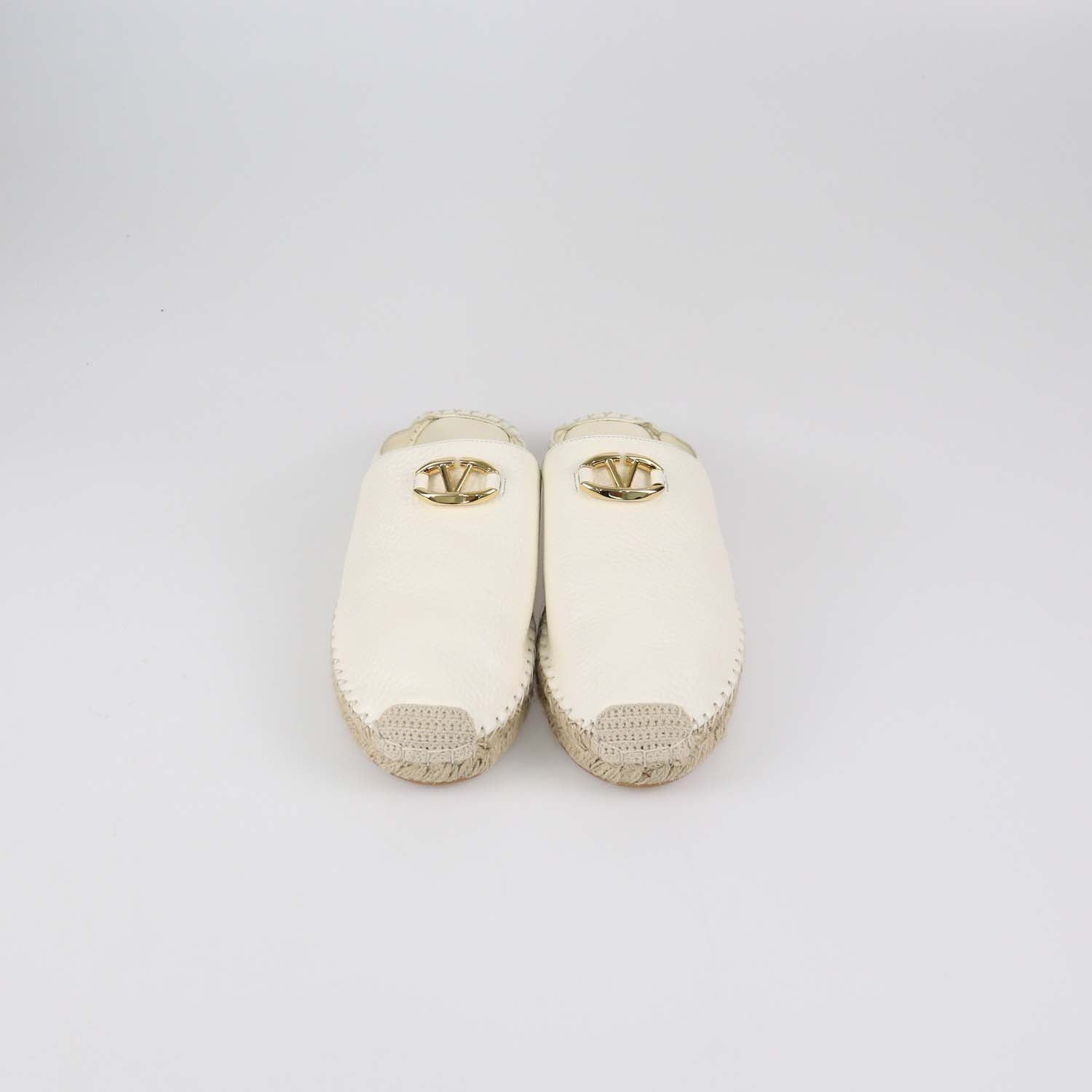 Valentino White Leather VLogo Espadrille Mules