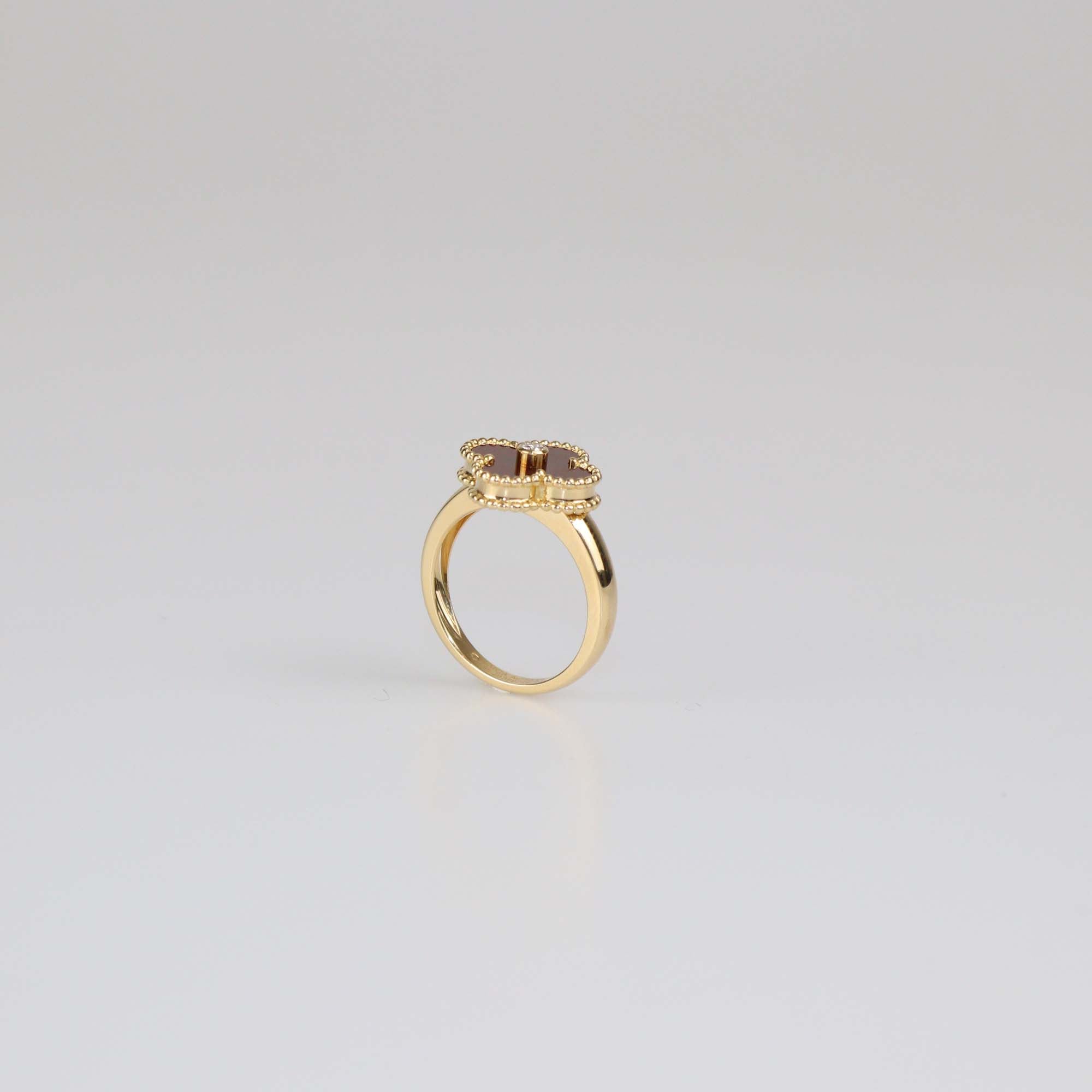 Van Cleef & Arpels 18K Yellow Gold Diamond Carnelian Vintage Alhambra Ring Size 55