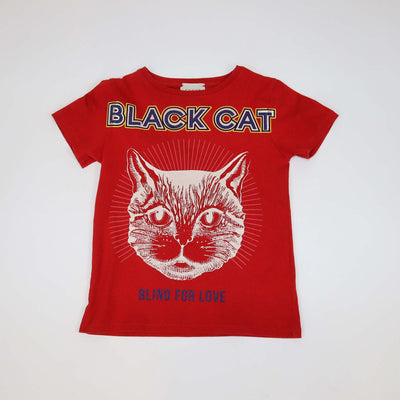 Gucci Kids Red Black Cat Printed Cotton T-Shirt