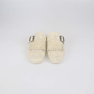 Prada Off White Leather Shuffle Fringed Mules
