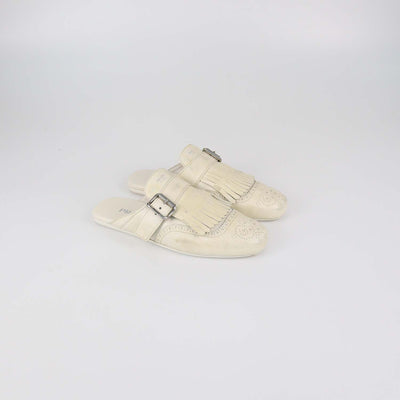 Prada Off White Leather Shuffle Fringed Mules