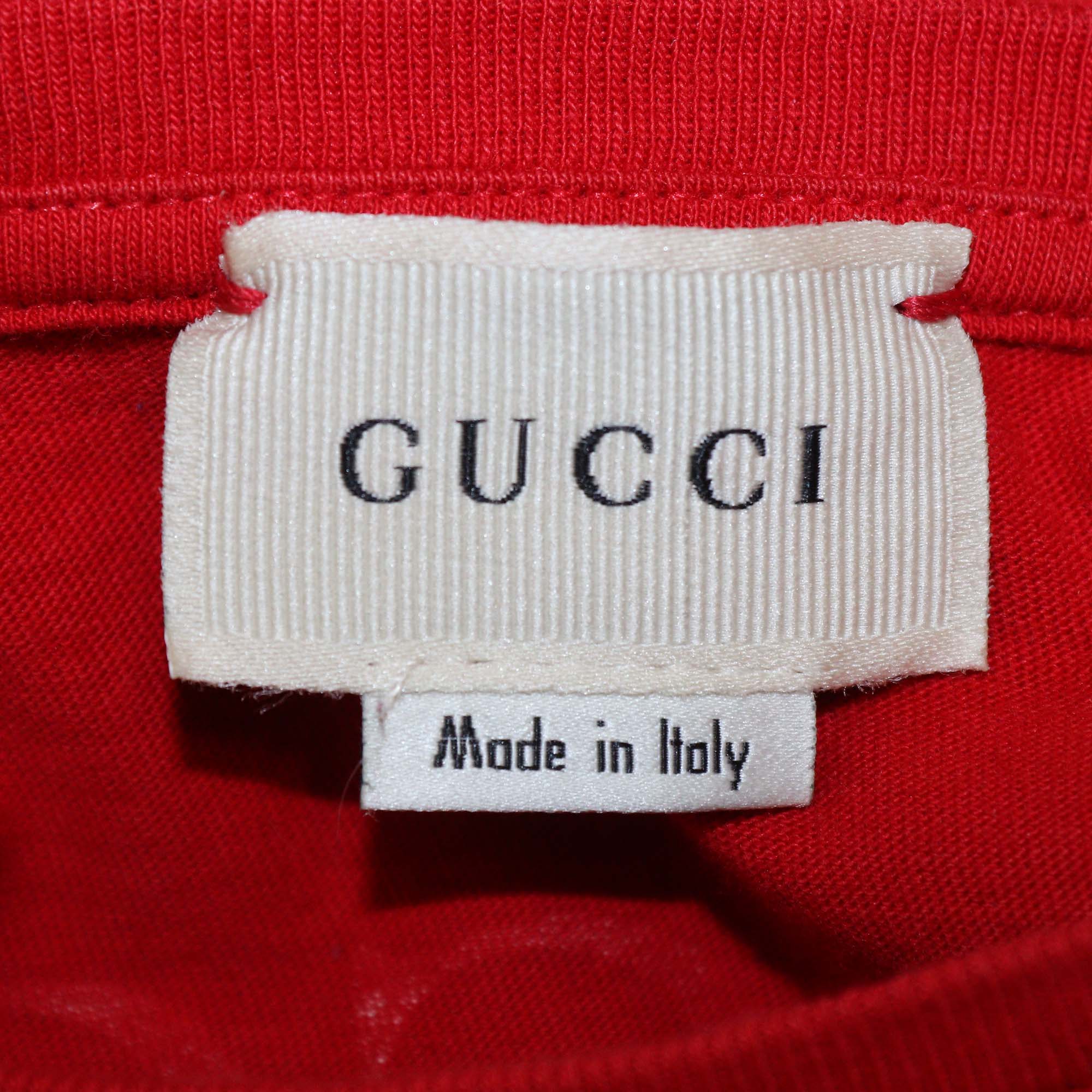 Gucci Kids Red Black Cat Printed Cotton T-Shirt
