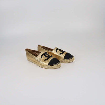 Chanel Gold/Black Espadrilles CC Cap Toe Flats Womens Chanel 
