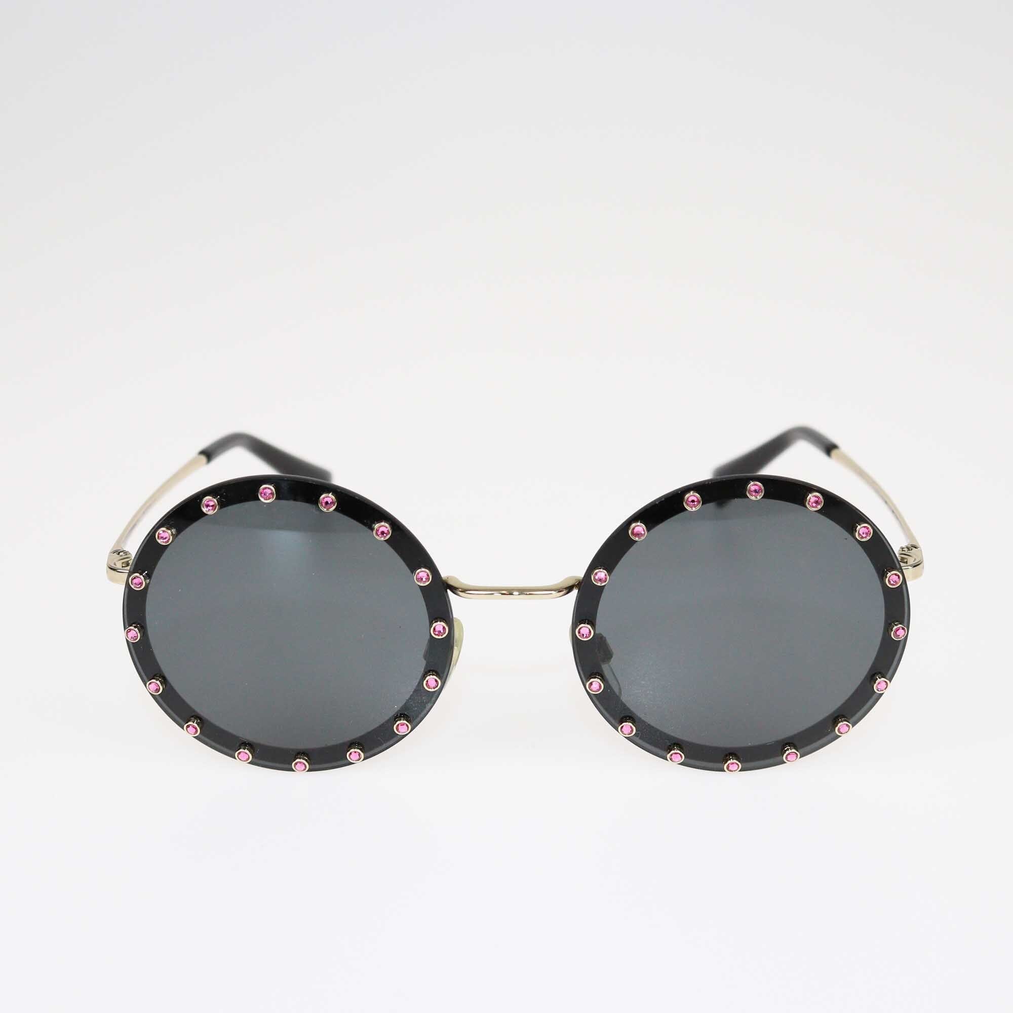 Valentino Black/Pink Crystal Studded Round Sunglasses Accessories Valentino 