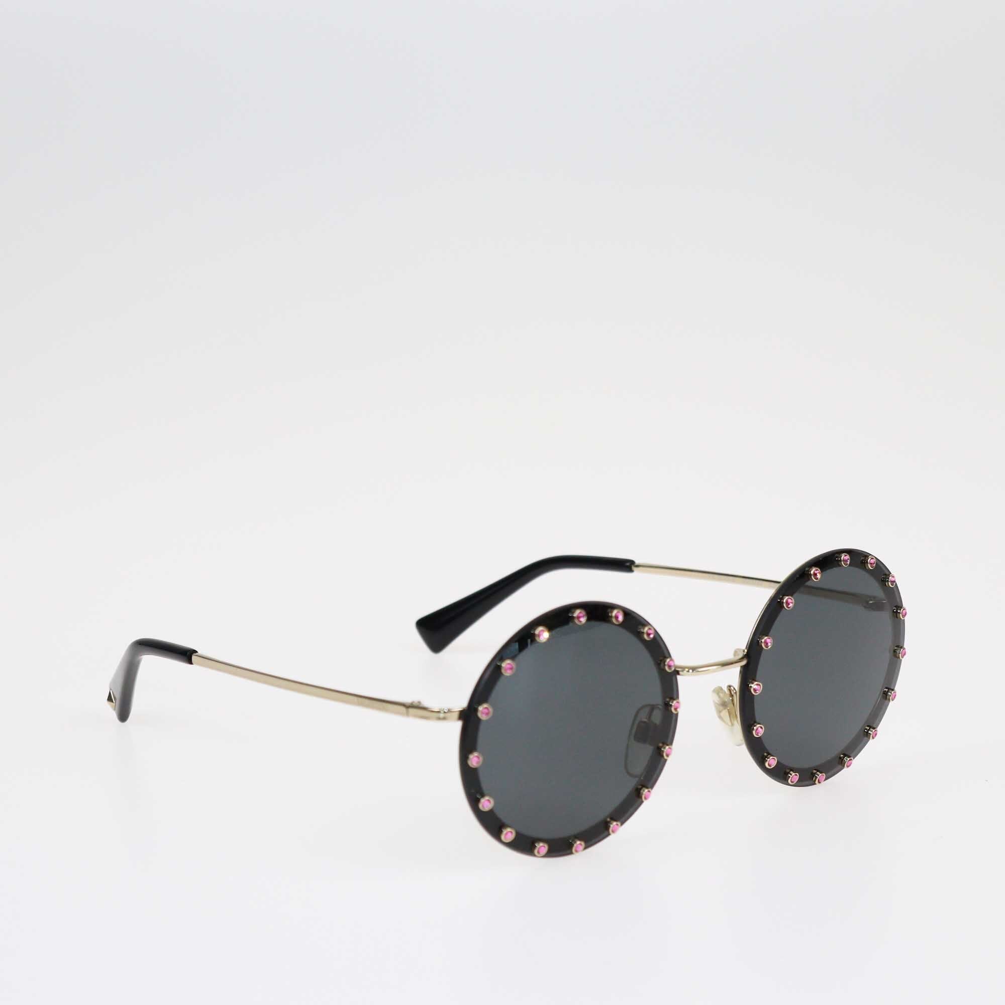 Valentino Black/Pink Crystal Studded Round Sunglasses Accessories Valentino 