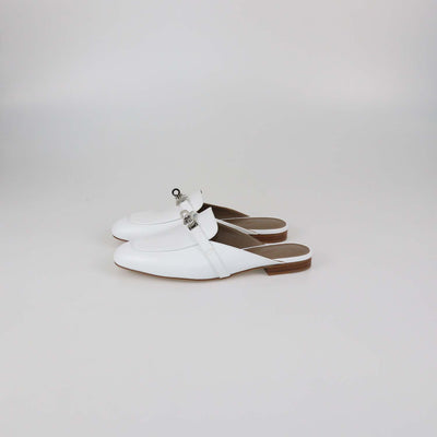 Hermes White Leather OZ Mules