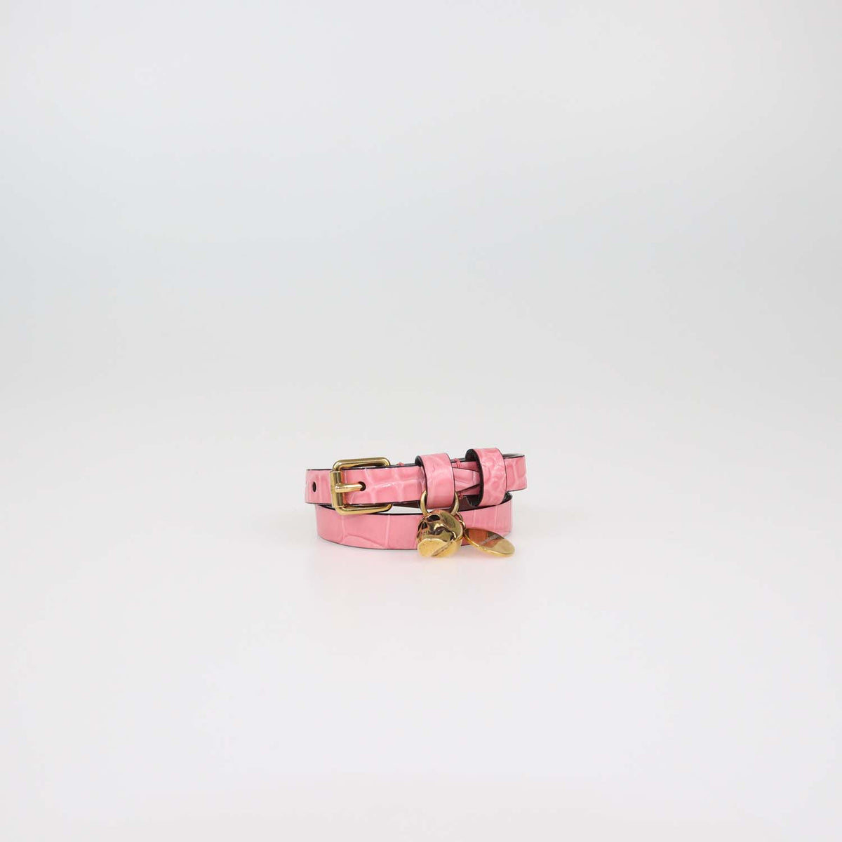 Alexander McQueen Pink Croc Embossed Leather Skull Double Wrap Bracelet
