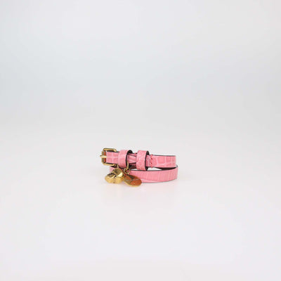Alexander McQueen Pink Croc Embossed Leather Skull Double Wrap Bracelet