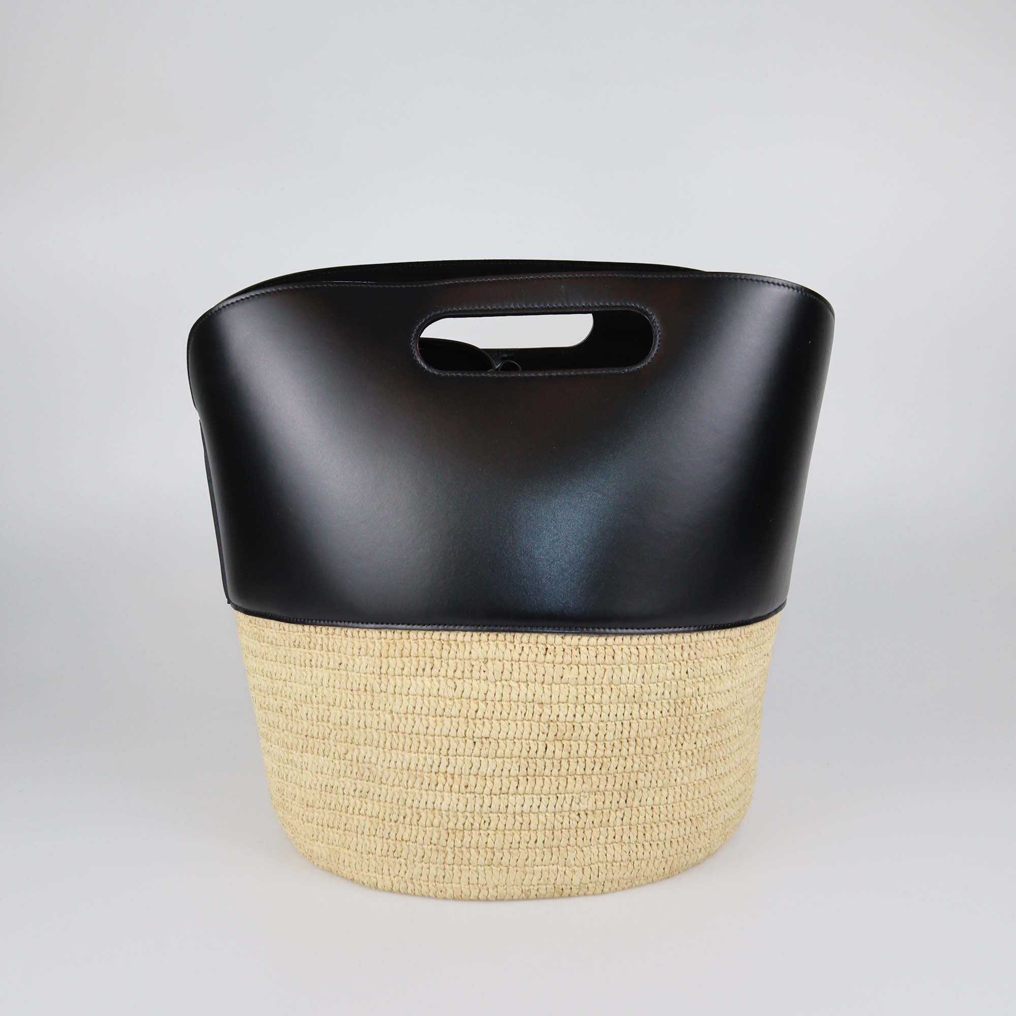 Celine Black/Natural Leather and Raffia Basket Bag