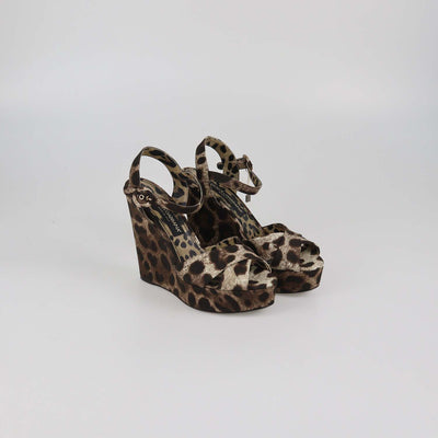 Dolce & Gabbana Brown/Beige Leopard Print Fabric Wedge Sandals