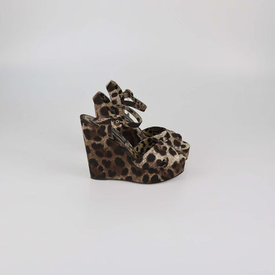 Dolce & Gabbana Brown/Beige Leopard Print Fabric Wedge Sandals