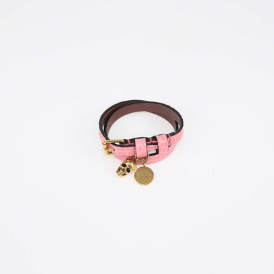 Alexander McQueen Pink Croc Embossed Leather Skull Double Wrap Bracelet