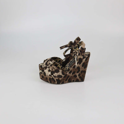 Dolce & Gabbana Brown/Beige Leopard Print Fabric Wedge Sandals