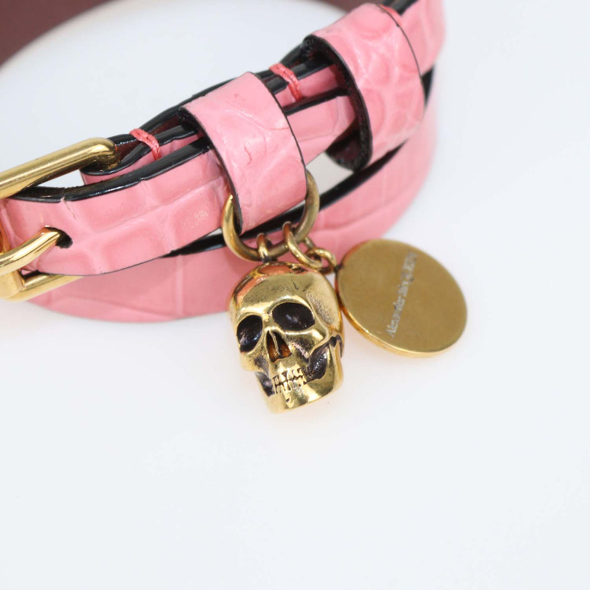 Alexander McQueen Pink Croc Embossed Leather Skull Double Wrap Bracelet