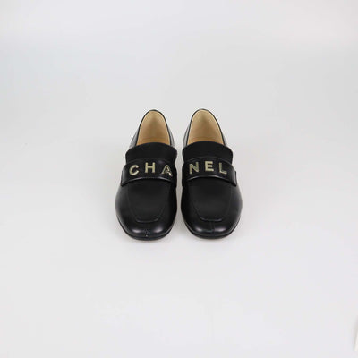 Chanel Black Shiny Leather Logo Loafers